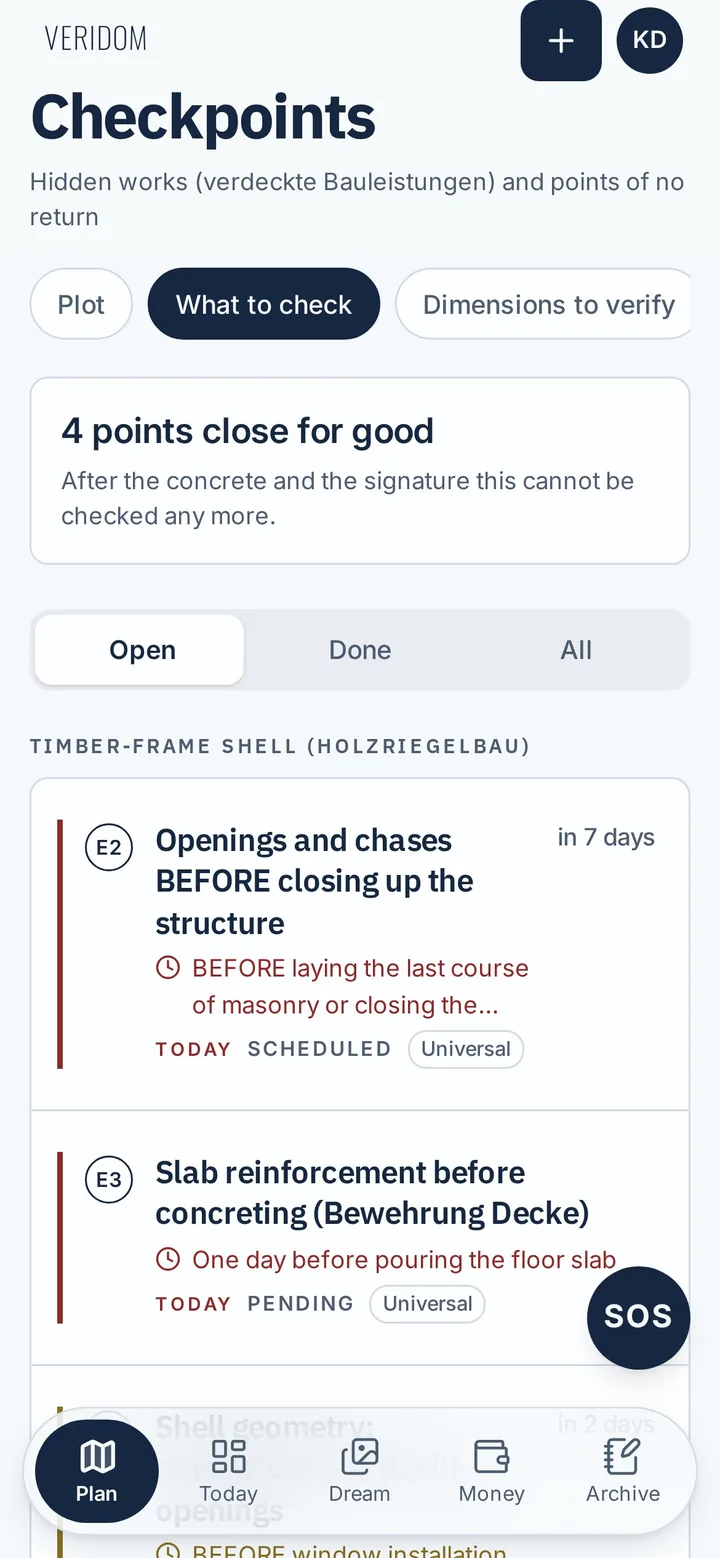 Veridom Checkpoints screen on a phone: "4 points close for good" and a list of open checkpoints such as slab reinforcement before concreting.