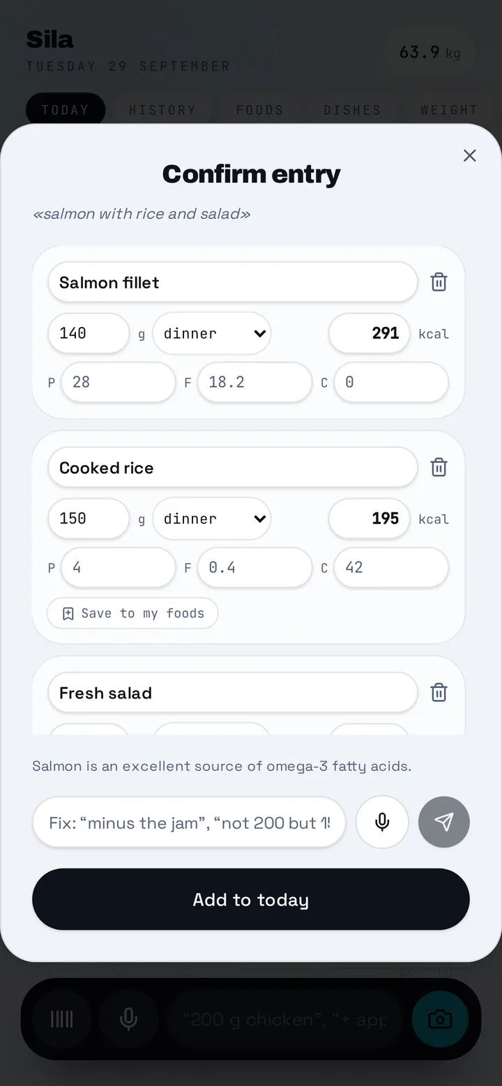 "Confirm entry" sheet after typing "salmon with rice and salad": salmon fillet 140 g, cooked rice 150 g and fresh salad, each editable, with a field to correct the entry in plain words.