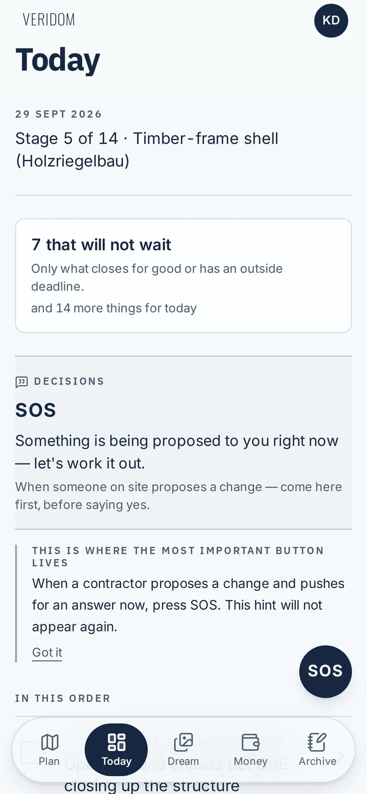 Veridom Today screen on a phone: stage 5 of 14, timber-frame shell, a card reading "7 that will not wait" and an SOS button for on-site change proposals.