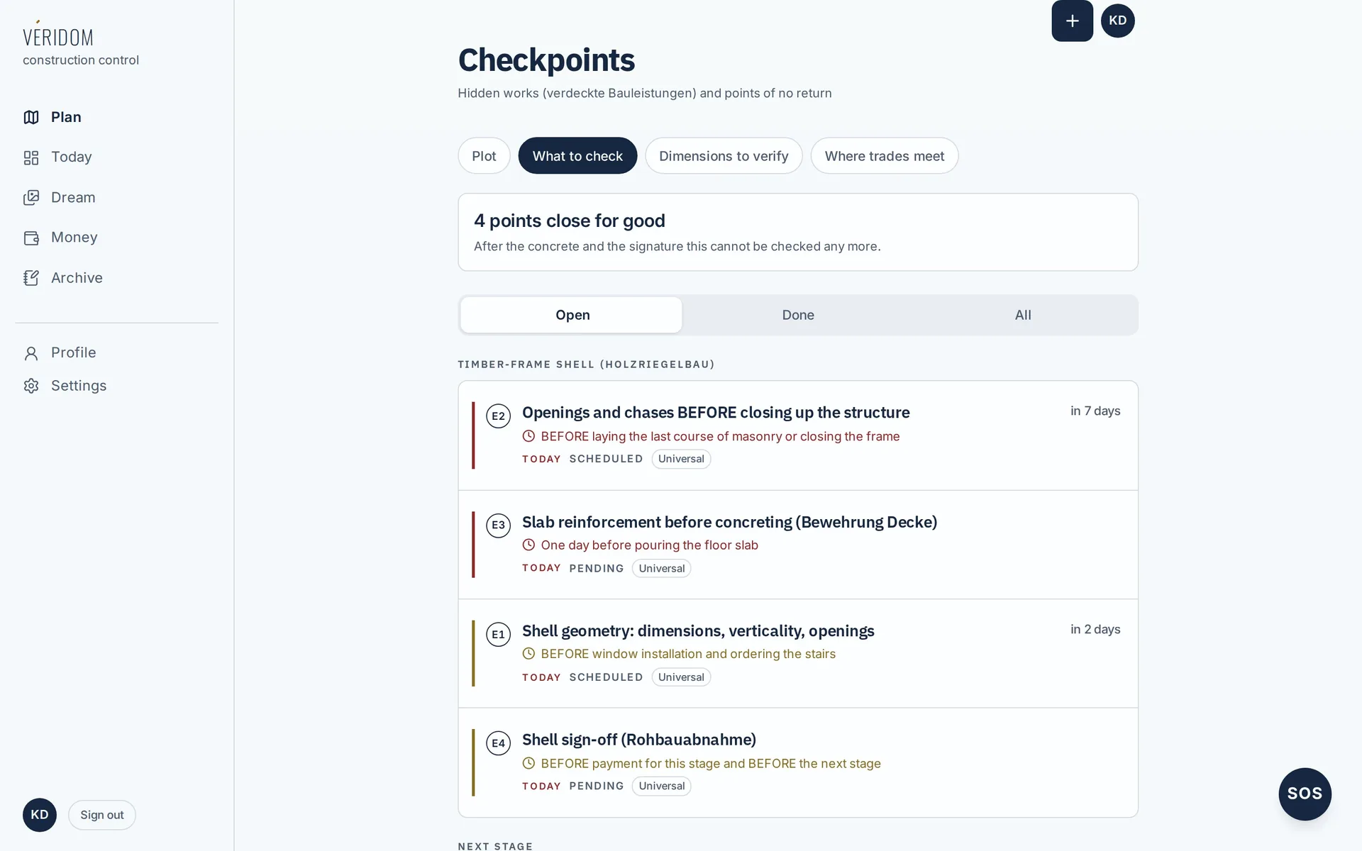 Veridom Checkpoints page on desktop for the demo project, headed "4 points close for good — after the concrete and the signature this cannot be checked any more", listing hidden works like openings before closing the structure and slab reinforcement before concreting.