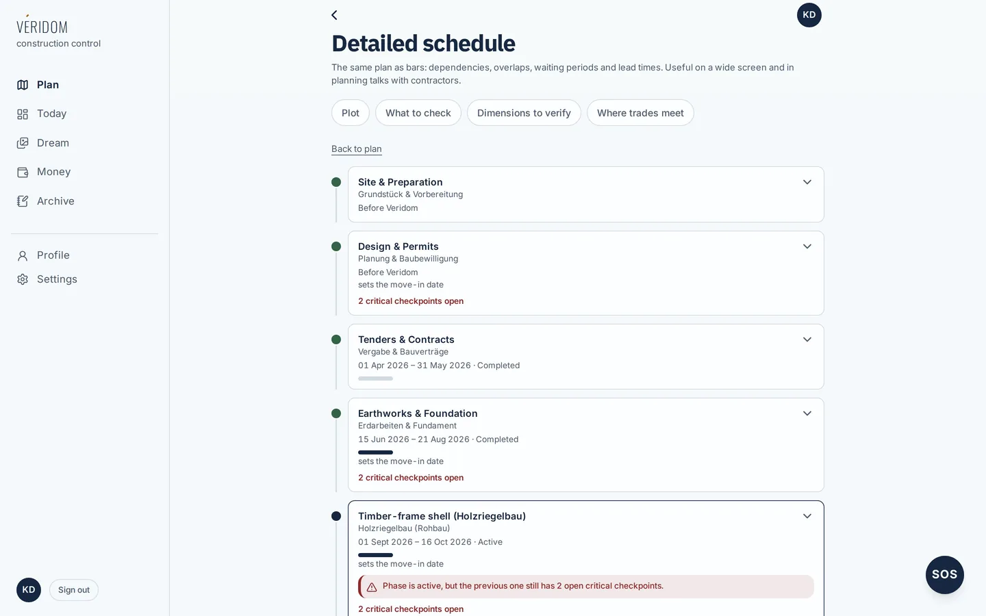 Veridom Detailed schedule on desktop: building phases as a timeline with dates and status, and a warning that the active phase still has two open critical checkpoints from the previous one.